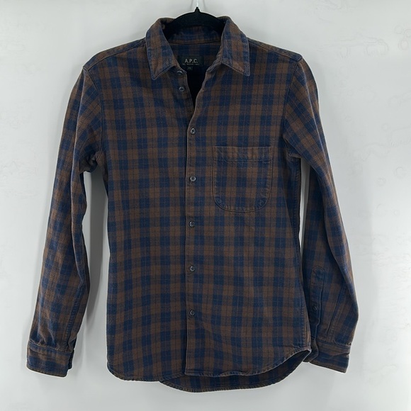 A.P.C Brown Blue Plaid Long Sleeve Button Down XS - Picture 5 of 5